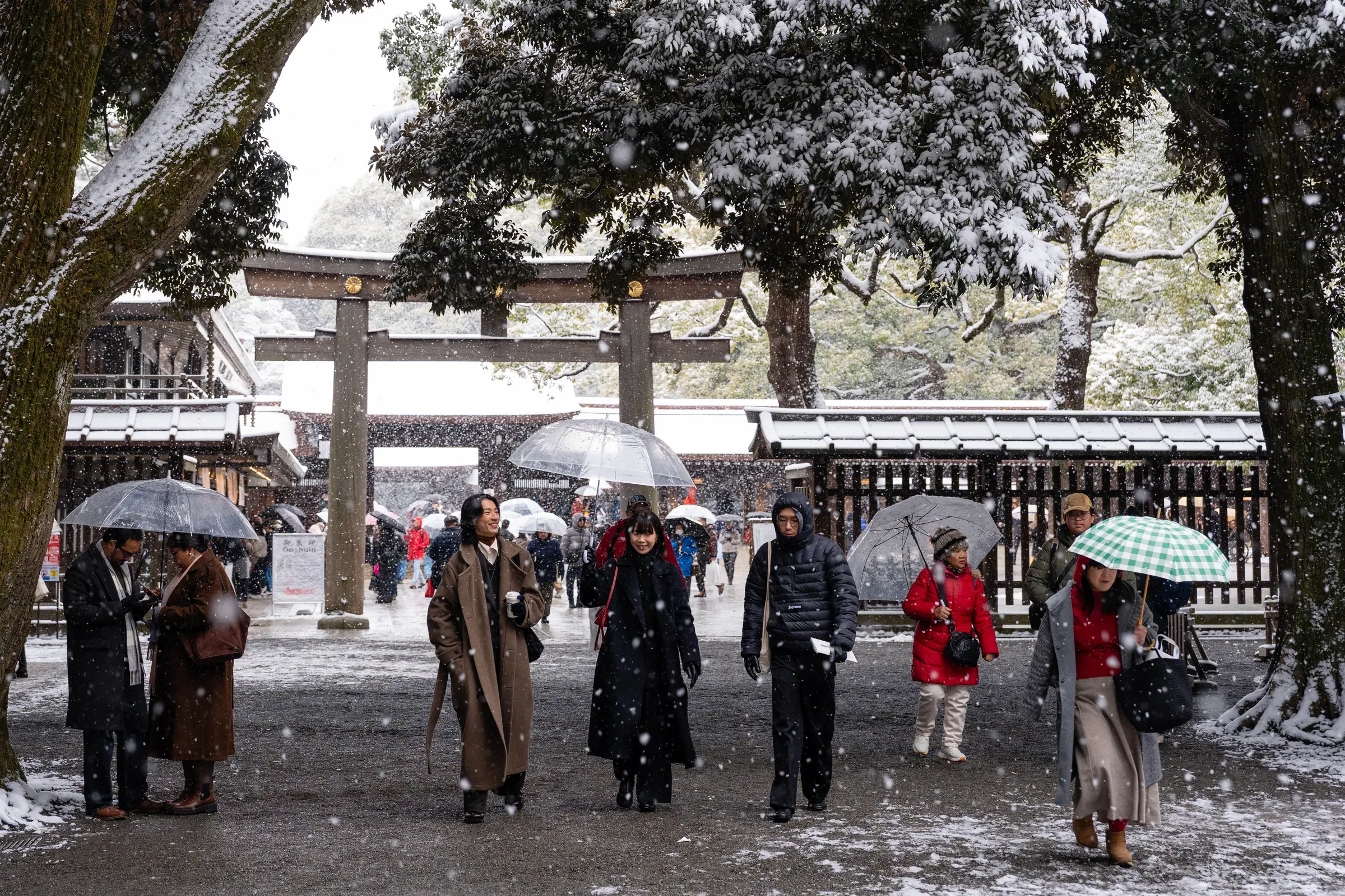 在雪中有一对青年男女，穿着格外讲究