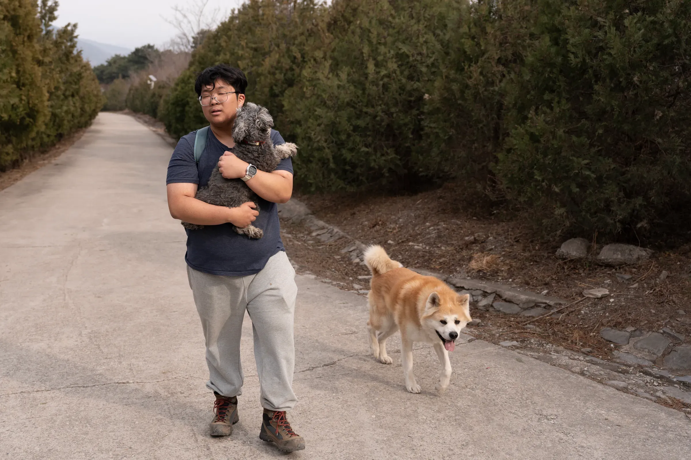 儿子抱着小本，大牛在一旁